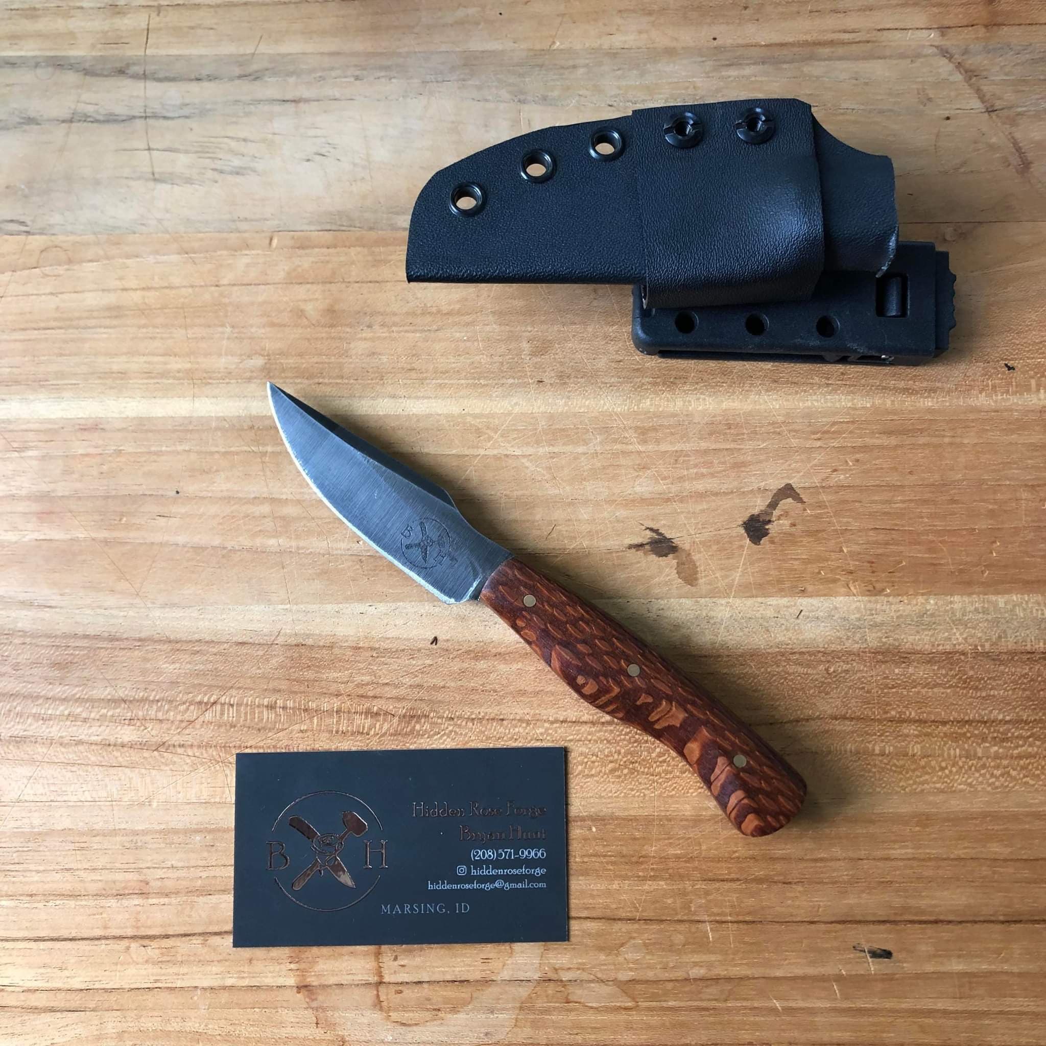 3″ EDC in 80crv2 with Leopardwood Handle Hidden Rose